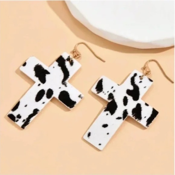 ❤️ FREE Cross Cow Print Animal Boho Rock Country Nashville Party Drop Earrings - Picture 3 of 3